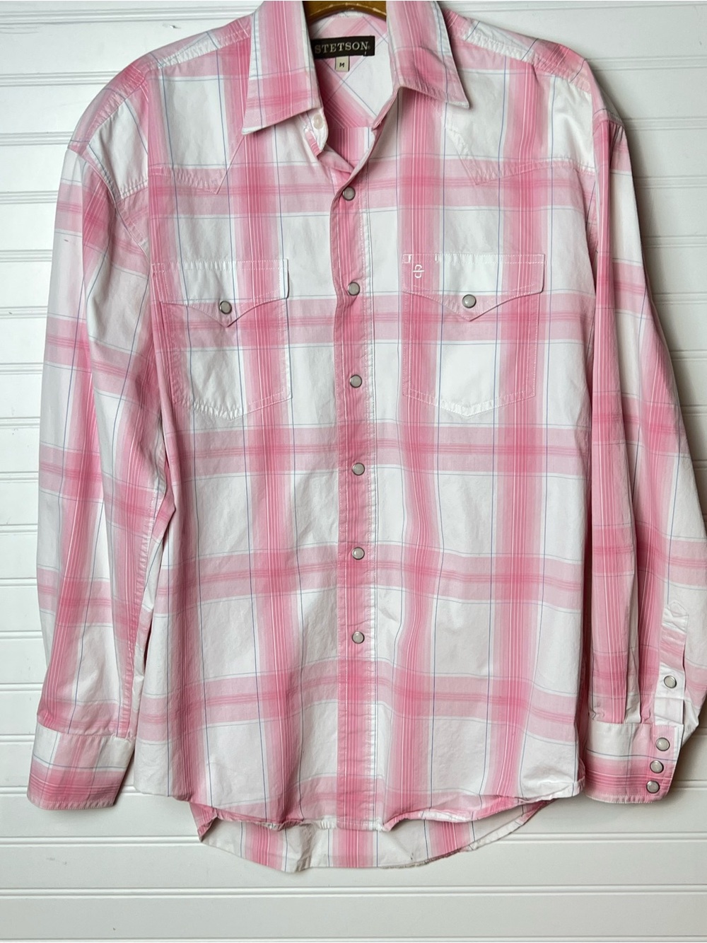 Stetson Women’s Pink and White Plaid Snap Button Shirt Size M